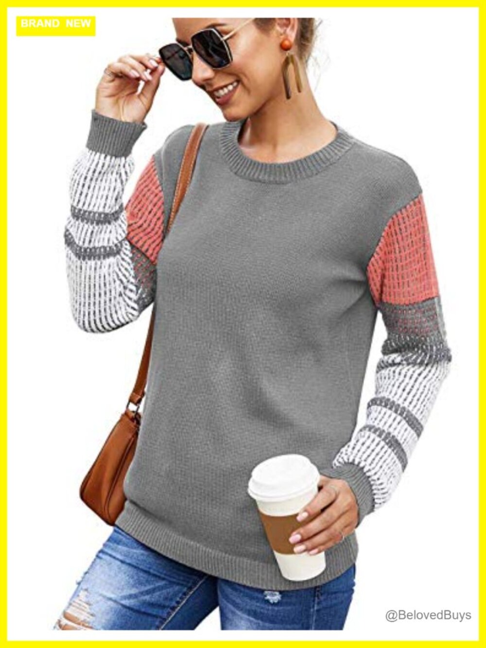 Women's Contrast Sleeve Knitted Pullover Crewneck Sweater Long Sleeve